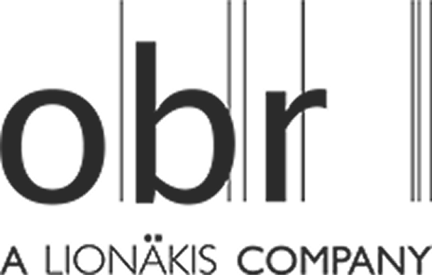 Obr logo with the text A Lionakis Company and vertical line accents.