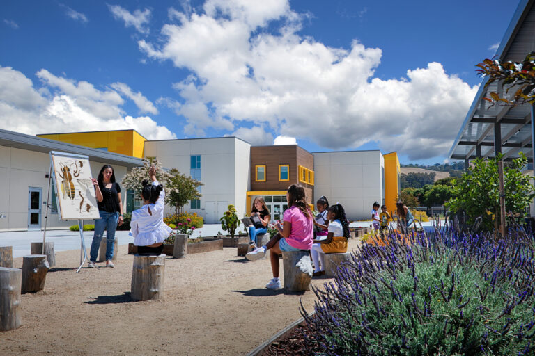 Teacher leads children in an outdoor lesson by a bee diagram in a school garden courtyard.
