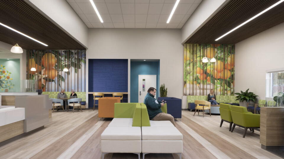 Bright modern waiting room with colorful seating, wood floors, and orange tree wall murals, with several people seated inside