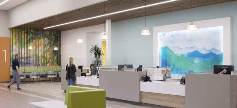 Modern reception area with service desks, colorful seating, pendant lights, and a large blue-green wall mural.