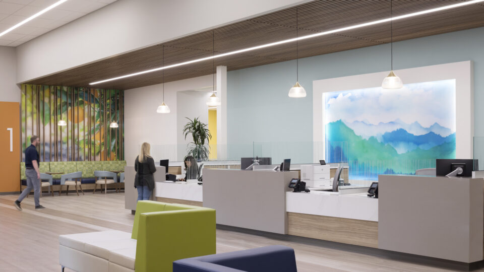 Modern reception area with service desks, colorful seating, pendant lights, and a large blue-green wall mural.