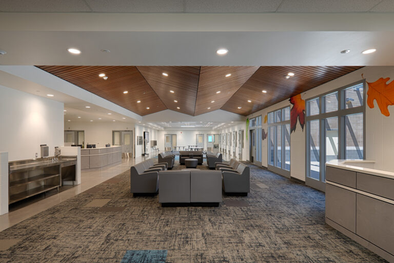 Modern waiting area with gray lounge chairs, a reception desk, large windows, and a wood-paneled ceiling.