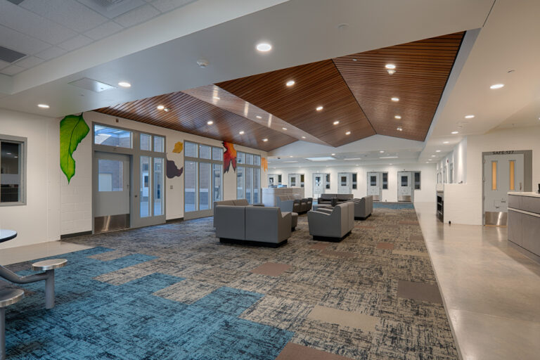 Modern institutional lobby with gray seating, blue patterned carpet, glass doors, and a wood-paneled ceiling