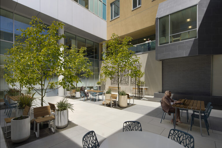 Modern apartment courtyard with potted trees, patio tables and chairs, and people working or relaxing in bright sunlight.