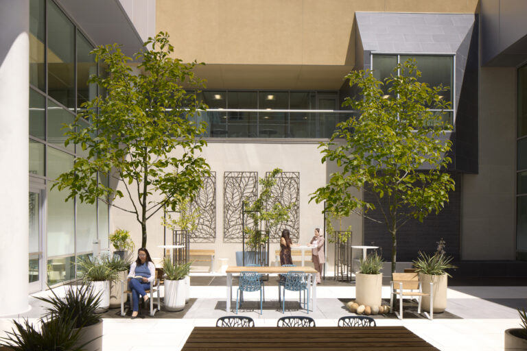 Modern indoor courtyard with trees, tables, and seating, where one woman reads and two others stand talking.