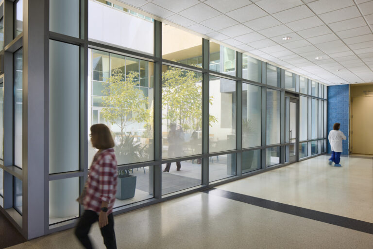 Bright hospital corridor with large glass walls overlooking an indoor courtyard, as two people walk by.