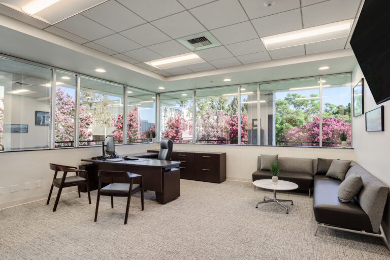 Modern office with desk, chairs, sofa seating, and large corner windows overlooking pink flowering trees