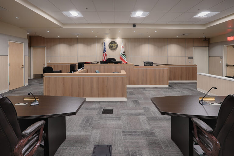Empty modern courtroom with judge’s bench, witness stand, and U.S. and California flags behind the seal.