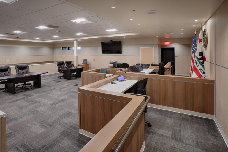 Empty courtroom interior with judge’s bench, counsel tables, witness stand, and U.S. and California flags.