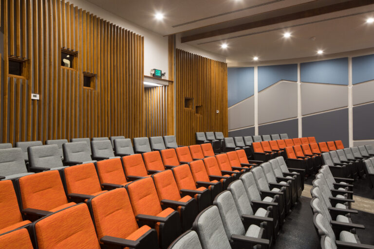 Modern auditorium with rows of orange and gray seats, wood slat walls, and acoustic panels.