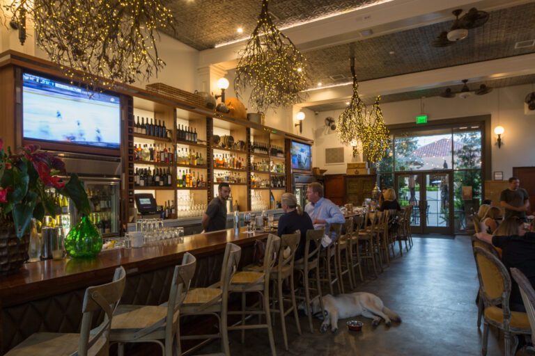 Warm, upscale bar interior with branch-shaped string lights, patrons at the counter, and a dog lying on the floor.