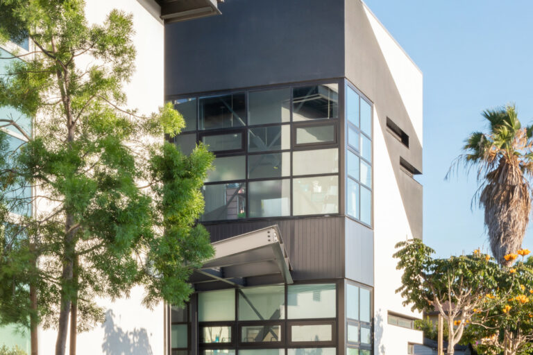Modern white building with large corner windows, a shaded entry, and landscaped plants along a curved walkway