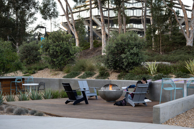 Outdoor seating area with Adirondack chairs around a fire pit, set below a modern glass building and trees.