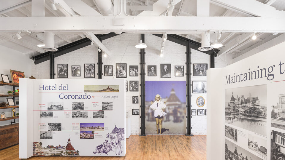 Museum-style exhibit room with Hotel del Coronado history panels, framed photos, and a large Marilyn Monroe image.