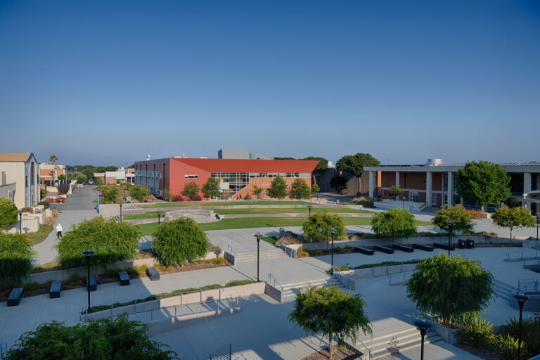 Wide view of a landscaped campus courtyard with walkways, trees, and modern academic buildings under a clear blue sky