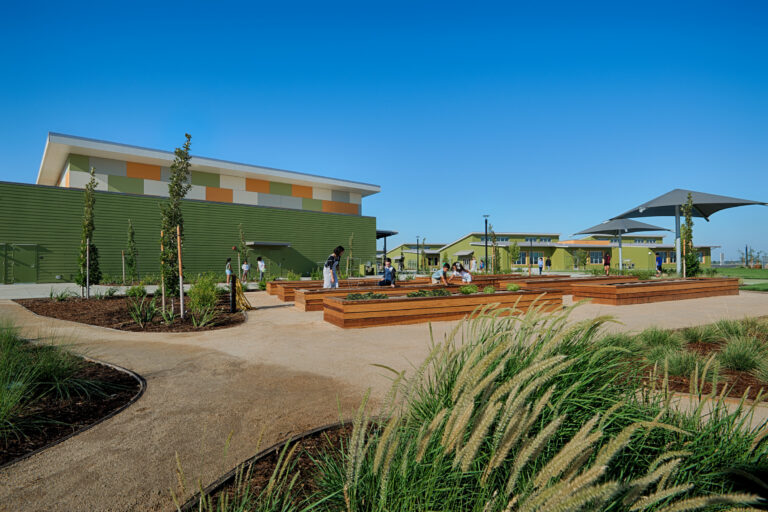 Modern school courtyard with students tending raised garden beds under a clear blue sky