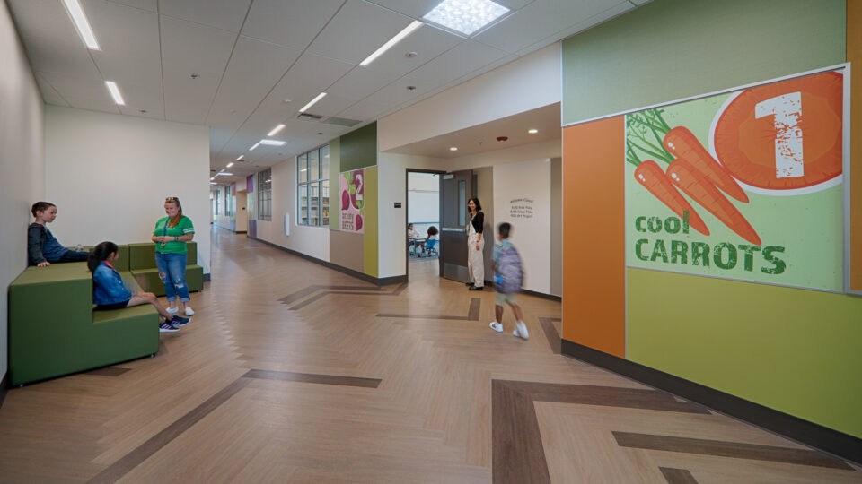 Bright school hallway with children, a teacher, and a large “Cool Carrots” poster on the wall