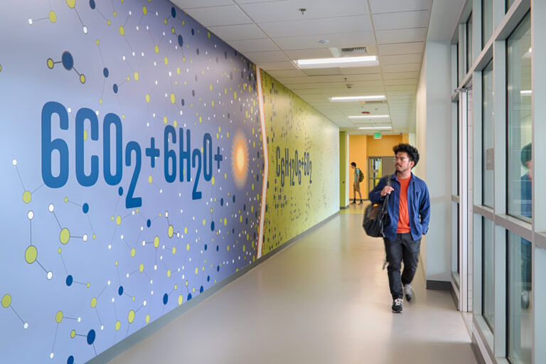 Person walking down a hallway with a colorful science-themed mural reading 600+6H2O+ on the wall