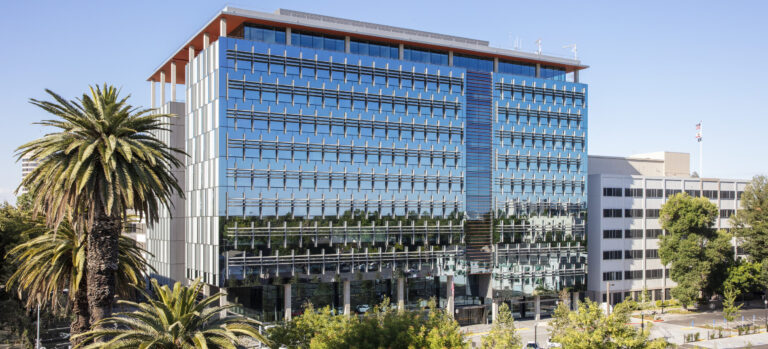 Modern glass office building with palm trees under a clear blue sky