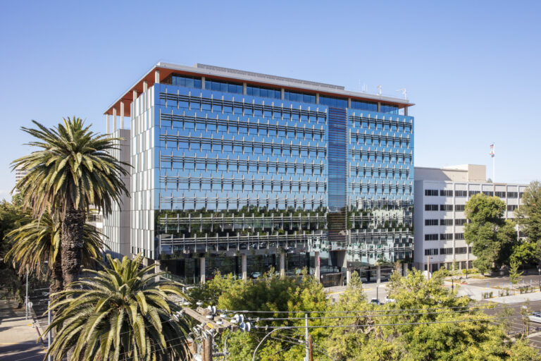 Modern glass office building with palm trees under a clear blue sky