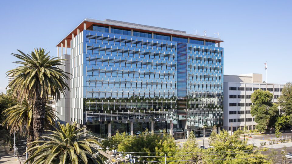 Modern glass office building with palm trees under a clear blue sky