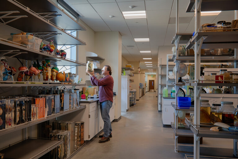 Man standing in a laboratory aisle examining a jar on a shelf surrounded by preserved specimens and jars