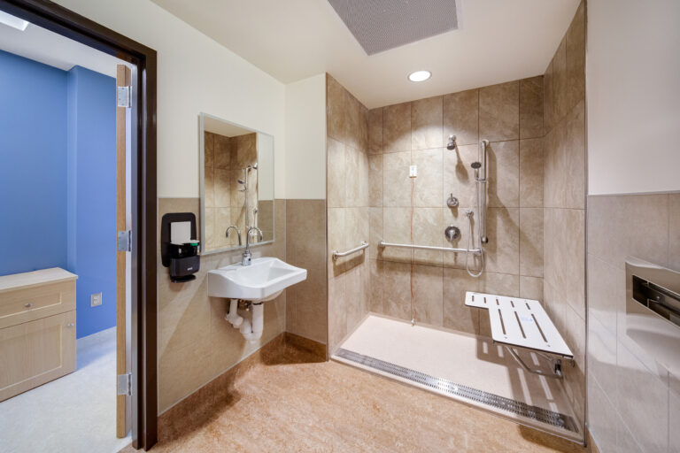 Accessible bathroom with roll-in shower, wall-mounted sink, grab bars, fold-down shower seat, and mirror