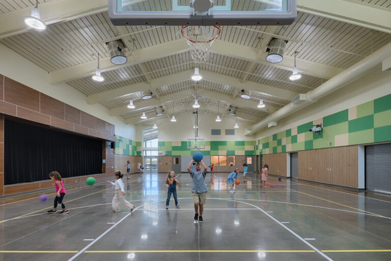 Children playing with balls in a bright indoor gymnasium under a basketball hoop