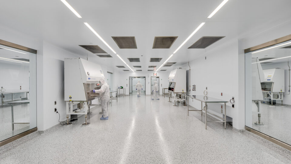 Cleanroom with technicians in protective suits working at laboratory safety cabinets