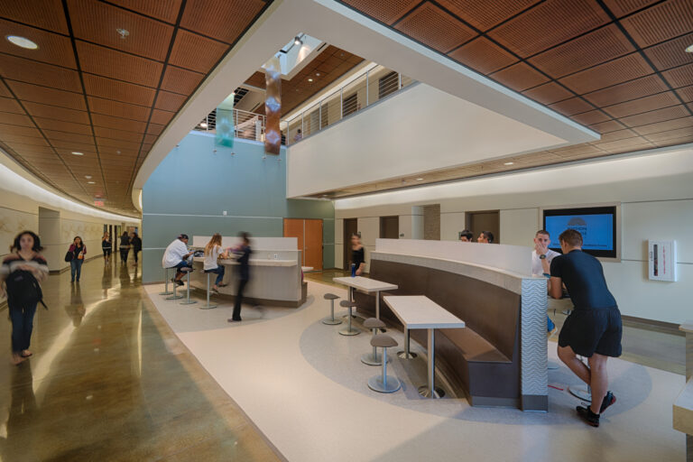Modern student lounge with curved counters, stools, and people chatting in a bright atrium